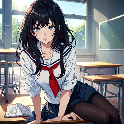 masterpiece, best quality, ultra-detailed, illustration, colorful, falt color, depth of field, lens flare, 1girl, anime, sitting, black hair, looking at viewer,school, classroom, pleated miniskirt , school uniform, serafuku, black pantyhose, detailed skin texture, detailed cloth texture, beautiful detailed face,