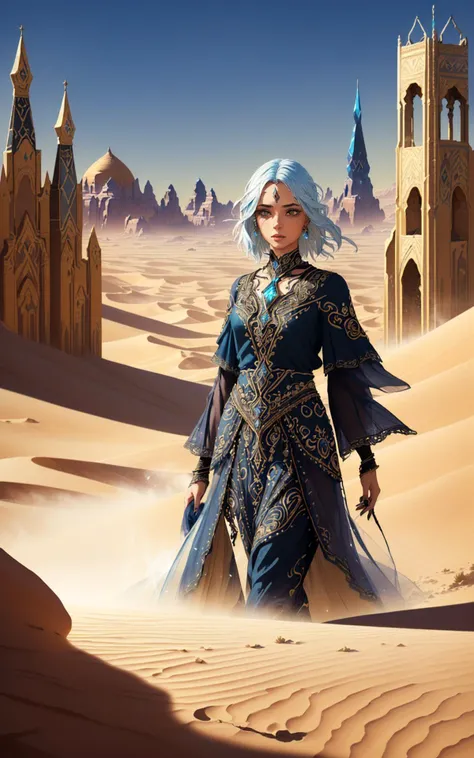 ([style of Frank Hong:style of Zac Retz:0.5]:1.2),(style of Ilya Kuvshino, [OverallDetail:HairDetail fHandDetail SkinDetail :0.7]:1.5), (Layered Depth, Parallax Effect, painted background, Soft focus foreground:1.3), (mythical cinematic establishing shot of gorgeous woman, highly detailed background:1.2), volumetric lighting, subsurface scattering, dynamic pose, (special effects, color grading, fantasy aura), (Mirage Weaver:1.4), (Small Perky breasts:0.81), Sandstorm, illusory oasis, desert attire, mystical sand creatures
