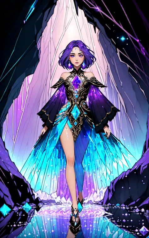 ([style of Frank Hong:style of Zac Retz:0.5]:1.2),(style of Ilya Kuvshino, [OverallDetail:HairDetail fHandDetail SkinDetail :0.7]:1.5), (Layered Depth, Parallax Effect, painted background, Soft focus foreground:1.3), (wide angle long range bokeh foreground, solo focus, cinematic photoshoot of perfect seductive young woman in Mystical Cave with Luminous Crystals:1.3), hidden cave, its walls aglow with iridescent crystals casting prismatic light, creating a kaleidoscope of colors that illuminate an underground river and ethereal fauna. opal effects. purple magenta energy aura