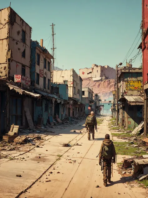 Medium Shot of a family, post-apocalyptic wasteland, mire