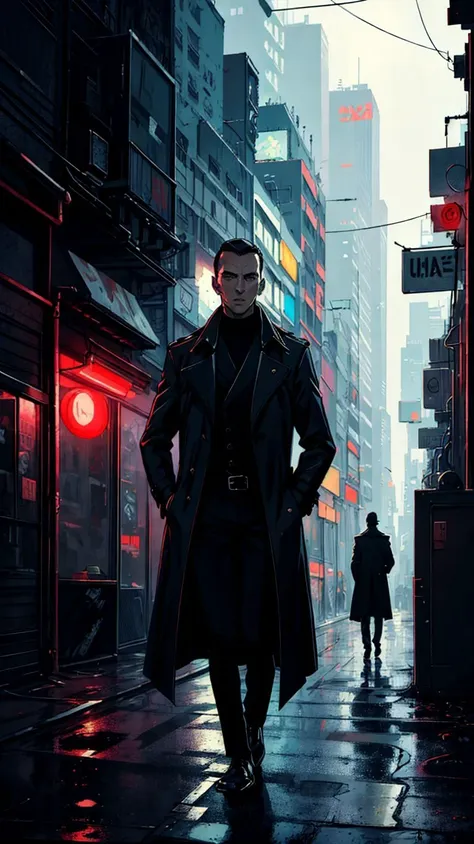 (((masterpiece, best quality, high quality))), portrait of a detective in a noir cyberpunk setting in the style of Richard Anderson, wearing a long trench coat, slick hair