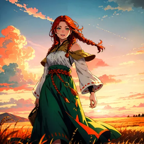 beautiful and mystical red head viking girl walking in a wheat field on sunset evening,braids,freckles,green eyes,happy smile,traditional dress,warm colors,dramatic clouds,summer atmosphere