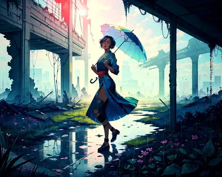 (((masterpiece, best quality, high quality))), a gorgeous [african|japanese] woman dancing in the rain, umbrella, caustics, light rays, Post-Apocalyptic Wasteland, Desolate landscape with crumbling structures, overgrown flora, and polluted sky., <lora:ankymoore:0.33>