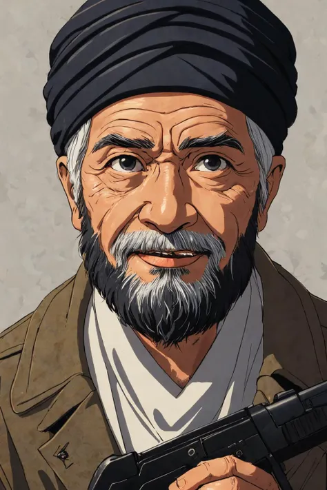 close-up photo portrait of a 80 yo aged Arab man, short grey hair, beard, black eyes, joyful face expression, turban, holding ak-47, military, simple background
