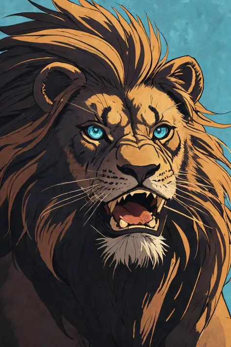 close-up photo portrait of a great red lion, blue eyes, very long lion's mane, roaring, open mouth, fangs, animal, no humans, simple background