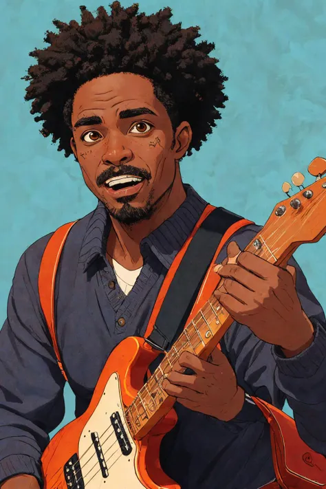 close-up photo portrait of a 45 yo african man, black afro hair, stubble, brown eyes, excited face expression, singing, red bass guitar, blue sweater, black bluesman, simple background
