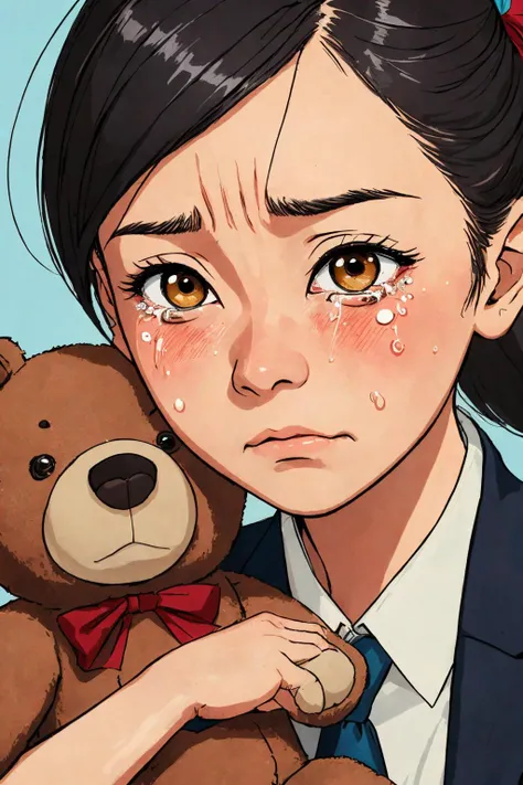 close-up photo portrait of a 30 yo asian woman, black ponytail, brown eyes, crying face expression, blush, shirt, tie, office lady, holding teddy bear, simple background