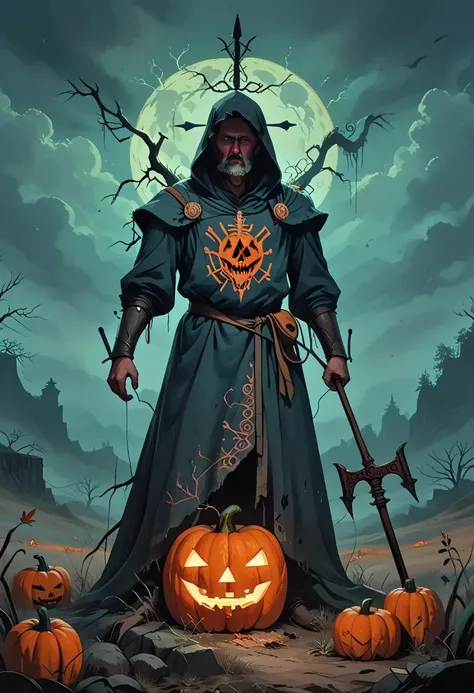 score_9, score_8_up, score_8, ultra detailed, Dark Fantasy Art, Dark Moody Atmosphere, A menacing pumpkin-headed scarecrow looms in a moonlit cornfield, wielding a rusted pitchfork. Eerie orange light flickers within its carved grimace. Tattered robes billow in the autumn wind. Mystical runes glow on its straw-stuffed body, evoking ancient harvest rituals., dramatic, mysterious, dark moody atmosphere, dark, moody, dark fantasy style
