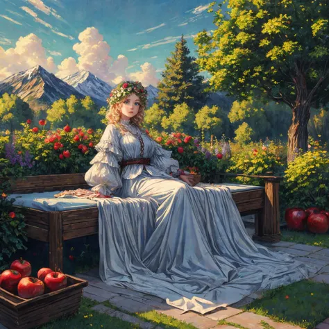 RAW photo, 8k uhd, Analog style, (Masterpiece, Best Quality, Highres:1.3), dramatic, cinematic, BREAK,
(oil painting:1.3) by (Peter Paul Rubens:1.2) and (Claude Monet:1.2) of (corpulent:1.1) (woman:1.2) sitting in (garden of Eden:1.2), (holding apple:1.2), white (chiton:1.2), (apples:1.3), (trees:1.2), (ancient:0.5) (ruins:1.05), cute face, blue eyes, braids, (flower wreath:1.1), (bed sheet:1.15), (godrays:1.2), (shine:1.1), (mountain:1.1), (fluffy cloud:1.2), (painting, renaissance, romanticism scene:1.12), (hyperdetailed, absurdres:1.1), BREAK,
<lora:more_details:0.85>,