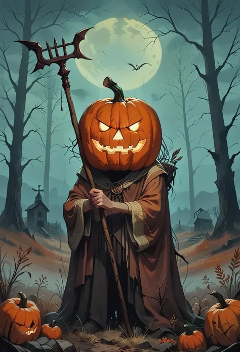 score_9, score_8_up, score_8, ultra detailed, Dark Fantasy Art, Dark Moody Atmosphere, A menacing pumpkin-headed scarecrow looms in a moonlit cornfield, wielding a rusted pitchfork. Eerie orange light flickers within its carved grimace. Tattered robes billow in the autumn wind. Mystical runes glow on its straw-stuffed body, evoking ancient harvest rituals., dramatic, mysterious, dark moody atmosphere, dark, moody, dark fantasy style