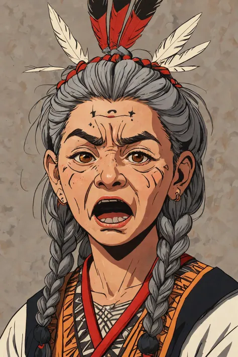 close-up photo portrait of a 100 yo old native american woman, grey hair, brown eyes, screaming face expression, twin braids, warbonnet, feathers, tribal, simple background