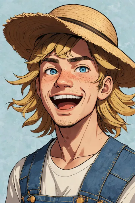 close-up photo portrait of a 20 yo european man, blond short curly hair, blue eyes, laughing face expression, freckles, denim overall, t-shirt, straw hat, farmer, simple background