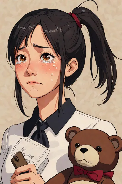 close-up photo portrait of a 30 yo asian woman, black ponytail, brown eyes, crying face expression, blush, shirt, tie, office lady, holding teddy bear, simple background