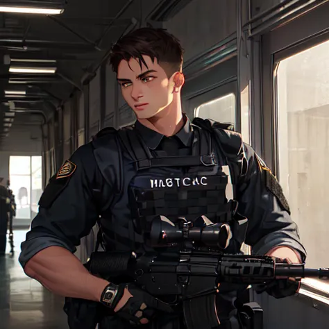 (masterpiece, best quality, ultra-detailed, best shadow), (upper body, indoors, metal hallway, science fiction), (detailed face,masculine features, mature face, stronger jawline), high contrast, (best illumination), ((cinematic light)), colorful, hyper detail, dramatic light, intricate details, (young adult man, hispanic, tan skin, short brown hair, brown eyes, black bodysuit, black tactical vest), soldier, carrying_rifle, m4a1, <lora:m4a1AssaultRifleLORA_v10:0.6>