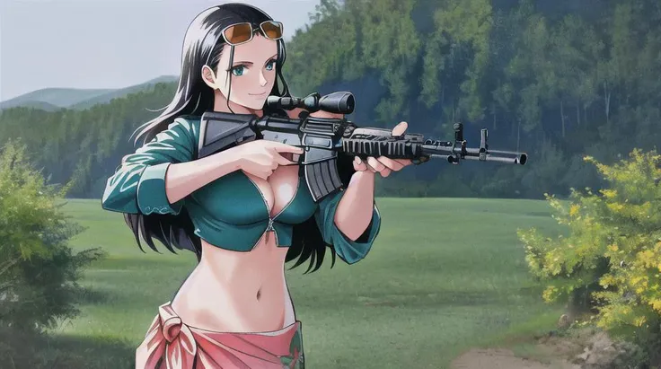 (masterpiece),(best quality:1), (ultra highres:1), ({high detailed),  photorealistic, 8k, full body, amazing, hyperdetailed, intricate details, beautiful lighting, Nico Robin,  <lora:nicoRobinOnePiecePreAnd_postTimeskip:0.9>,  1girl, aqua eyes, black hair, breasts, cleavage,  collared jacket, cowboy shot, crop top, cropped jacket, extra hands, eyewear on head, fingernails, hair slicked back, hand up, high collar, jacket, large breasts, long hair, looking at viewer, midriff, navel, plunging neckline, pose, sarong, short sleeves, smile, solo, standing, stomach, sunglasses, very long hair, flower drawing on jacket, outdoors, m4a1, m4a1 rifle, holding m4a1, holding rifle, trigger discipline, carrying rifle,  <lora:m4a1AssaultRifleLORA_v10:1.3>