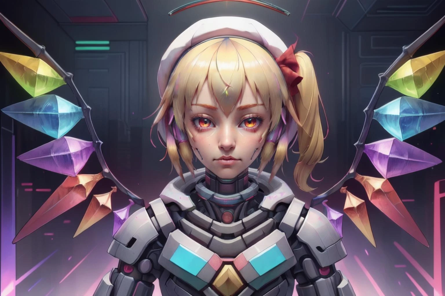 <lora:cyberpunk-LECO:-0.9>, cyberpunk, (flandre scarlet:1.3), upper body, portrait, anime_coloring, (blonde hair, white zun hat, red bow, side ponytail:1.2), long sleeves, wings, rainbow, gradient iridescent_color, <lora:Ctenophora_v1:0.3>, pale skin, robot, mechanical halo, mechanical arms, detailed face, wide face, flat nose