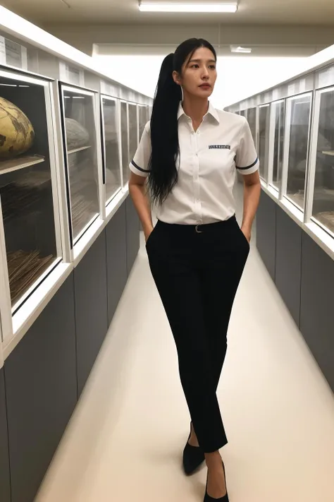 (high quality, best quality, highres, absurdres, masterpiece:1.2), (cyberpunk america, native american:1), (mature woman, 1girl, solo, heavy_breathing:1.1), (technological accountant, wearing shirt with tie and black pants:1), (solid_circle_eyes:1), (gradient_hair, long_hair, side_ponytail:1), (healthy body:1), (inside eclectic museum:1.1),