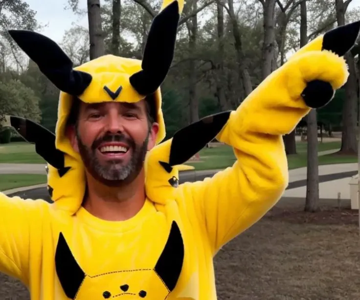 donaldtrumpjr person ((dressed up in a pikachu costume)) and coming out of a alien house