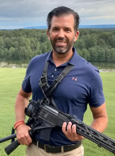 donaldtrumpjr person snapping a shotgun in half in front of his body. Angry face.