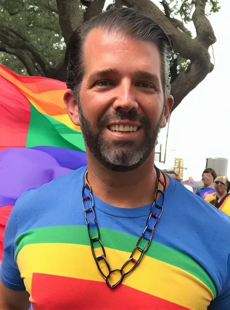 donaldtrumpjr person wearing rainbow colored gay pride tanktop at a gay pride parade in DC.