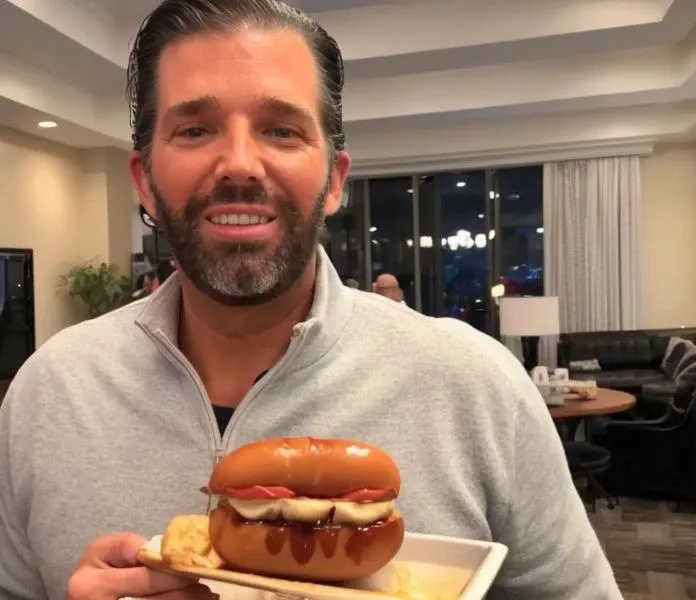 donaldtrumpjr eating a hotdog in the lobby of a motel six. sloppy hotdog with too much ketchup. dressed like a homeless man.