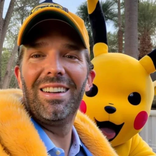 donaldtrumpjr person dressed up in a pikachu costume and coming out of a alien house