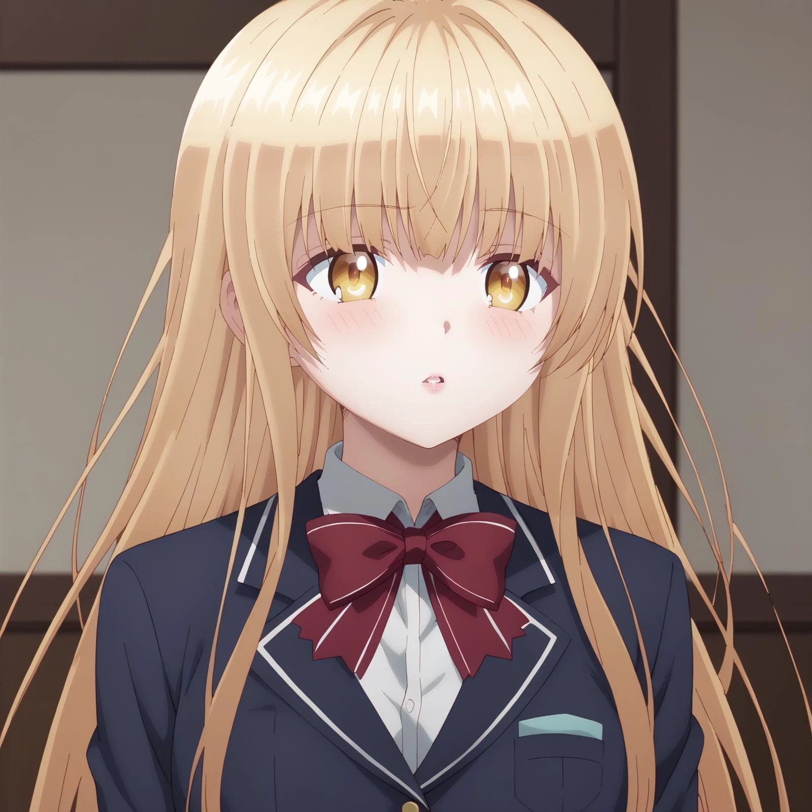 <lora:MahiruShiinaXLpony001>,
parted lips,blush,
solo,
MahiruShiina,1girl,blonde hair,long hair,yellow eyes,
blue blazer,red bowtie,