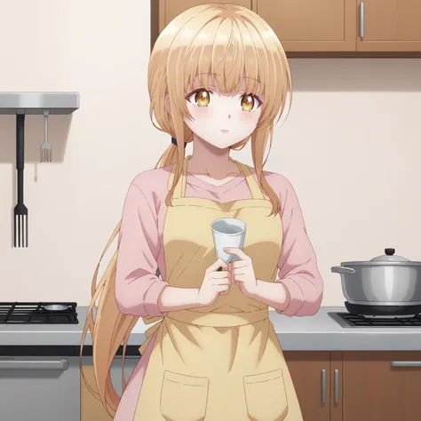 <lora:MahiruShiinaXLpony001>,
solo,
MahiruShiina,1girl,blonde hair,low ponytail,yellow eyes,
pink shirt,apron,