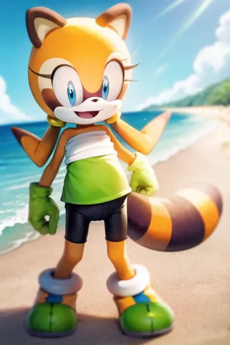 sthmarine, body fur, raccoon ears, raccoon tail, blue eyes, shirt, bike shorts, sitting, smile, beach  <lora:Marine-Raccoon-000008:1>