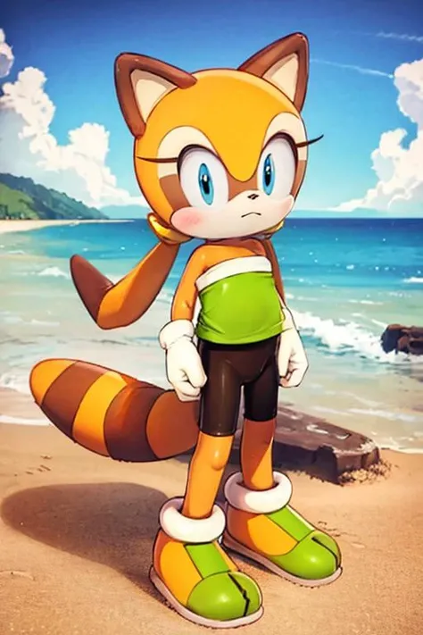 sthmarine, body fur, raccoon ears, raccoon tail, blue eyes, shirt, bike shorts, standing, frown, beach  <lora:Marine-Raccoon-000008:1>