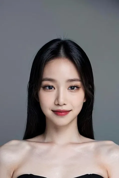 (masterpiece, top quality, best quality, (close-up photograph: 2), ((1girl)), fair skin, (((closed lips))), small eyes, (extremely detailed face), looking straight, ultra-detailed eyes and pupils, ((bare pectorals)), ((bare chest)), bare head, nude dress, (((bare shoulders))), symmetrical frame, ((strapless)), (((smile))), ((symmetrical pose)), looking at viewer, (((looking at viewer))), (symmetrical face: 1.6), 35mm, simple grey background, ((studio lighting)), no watermark, ((long black hair)), <lora:naeunlorashy:1>