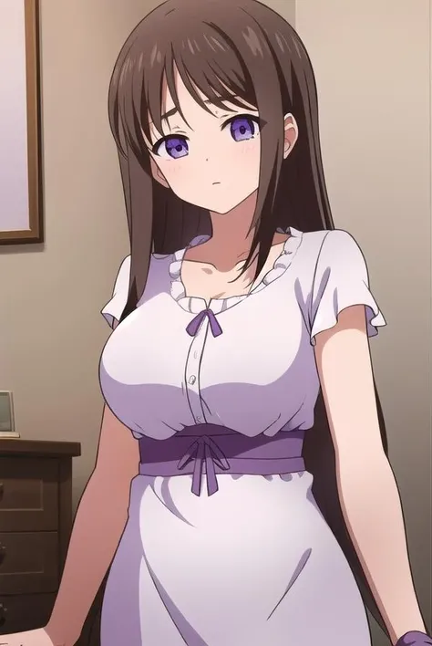 marinaakizuki, <lora:marinaakizuki-lora-nochekaiser:1>,
marina akizuki, long hair, brown hair, (purple eyes:1.1),
BREAK dress, ribbon, collarbone, short sleeves, white dress,
BREAK looking at viewer,
BREAK indoors,
BREAK <lyco:GoodHands-beta2:1>, (masterpiece:1.2), best quality, high resolution, unity 8k wallpaper, (illustration:0.8), (beautiful detailed eyes:1.6), extremely detailed face, perfect lighting, extremely detailed CG, (perfect hands, perfect anatomy),