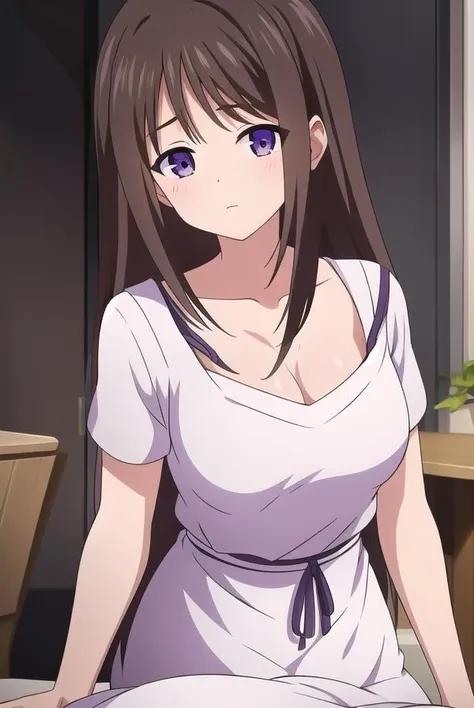 marinaakizuki, <lora:marinaakizuki-lora-nochekaiser:1>, 
marina akizuki, long hair, brown hair, (purple eyes:1.1),
BREAK dress, ribbon, collarbone, short sleeves, white dress,
BREAK looking at viewer,
BREAK indoors,
BREAK <lyco:GoodHands-beta2:1>, (masterpiece:1.2), best quality, high resolution, unity 8k wallpaper, (illustration:0.8), (beautiful detailed eyes:1.6), extremely detailed face, perfect lighting, extremely detailed CG, (perfect hands, perfect anatomy),
