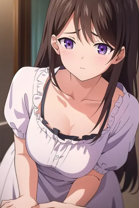 marinaakizuki, <lora:marinaakizuki-lora-nochekaiser:1>,
marina akizuki, long hair, brown hair, (purple eyes:1.1),
BREAK dress, ribbon, collarbone, short sleeves, white dress,
BREAK looking at viewer,
BREAK indoors,
BREAK <lyco:GoodHands-beta2:1>, (masterpiece:1.2), best quality, high resolution, unity 8k wallpaper, (illustration:0.8), (beautiful detailed eyes:1.6), extremely detailed face, perfect lighting, extremely detailed CG, (perfect hands, perfect anatomy),