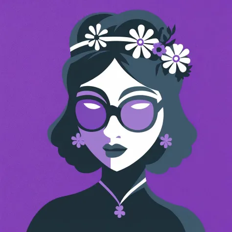 cultist simulator style, a portrait of a girl wearing sunglasses, flower hair ornament, purple background <lora:CultistSimulator_1.0:1>