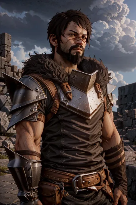 MHawkeDA, 1boy, solo, facial hair, male focus, beard, brown hair, fur trim, armor, brown eyes, closed mouth, sky, scar, upper body, realistic, scar on face, short hair, day, looking at viewer, black hair
<lora:epi_noiseoffset2:1>, <lora:MHawkeDA:0.7>
