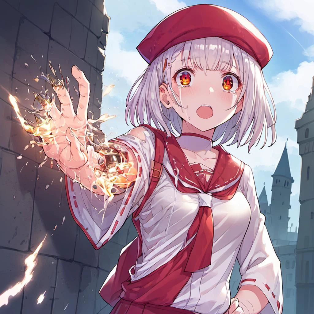 detailed eyes, anime, 2d, eyes, score_9_up, score_8_up, score_7_up,
(crumbling castle, fallen walls, shattered thrones, echoes of royalty:1.1),
1girl,solo,breasts,open mouth, Standing with one arm reaching to the side,
mechabare,severed limb,damaged,amputee,broken,android,guro,
(miko outfit:1.1) ,
sneakers,
short hair,white hair, tears,
<lora:mechabareXL-000018:1> <lora:Serin199-v2-PDXL:0.5> <lora:j7w_pdxl2:0.4>