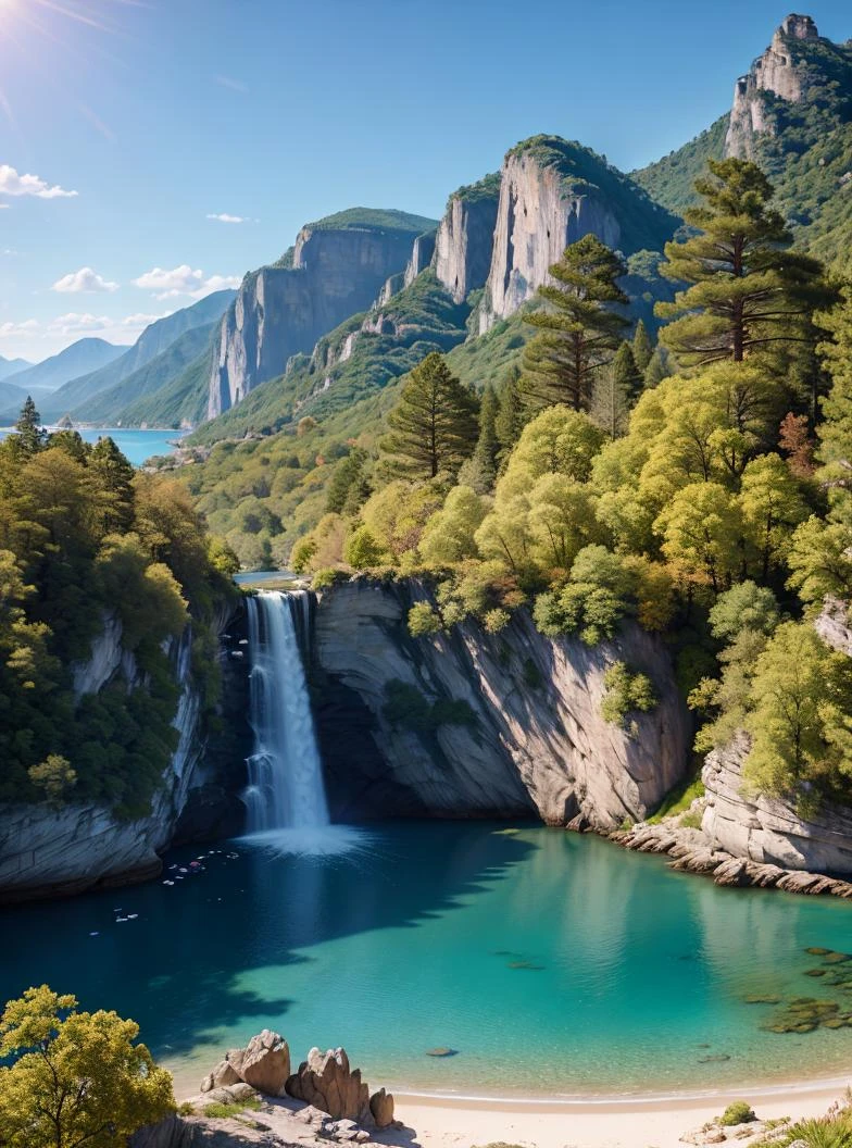 Masterpiece, best quality, (very detailed CG unity 8k wallpaper) (best quality), (best illustration), (best shadows) Nature', blue sea,delicate leaves petals of various colors falling in the air light Tracking, super detailed,