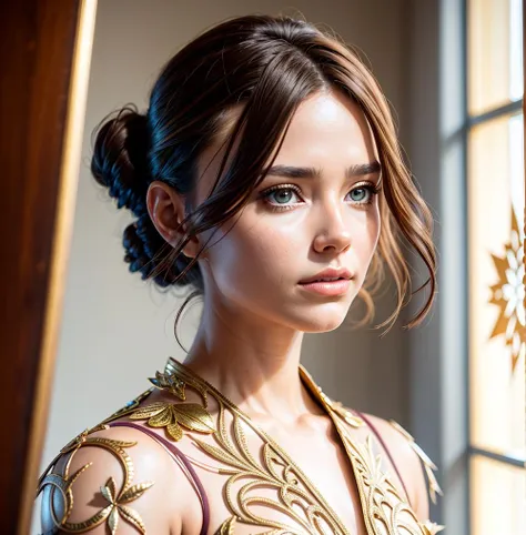 8k portrait of beautiful cyborg with brown hair, intricate, elegant, highly detailed, majestic, digital photography, art by artgerm and ruan jia and greg rutkowski surreal painting gold butterfly filigree, broken glass, (masterpiece, side lighting, finely detailed beautiful eyes: 1.2), hdr,unreal engine render + a goddess, unreal 6 breathtaking detailed, 8k, digital art, artgerm, 3d, Movie Still, warm color, vibrant, volumetric light, full body portrait