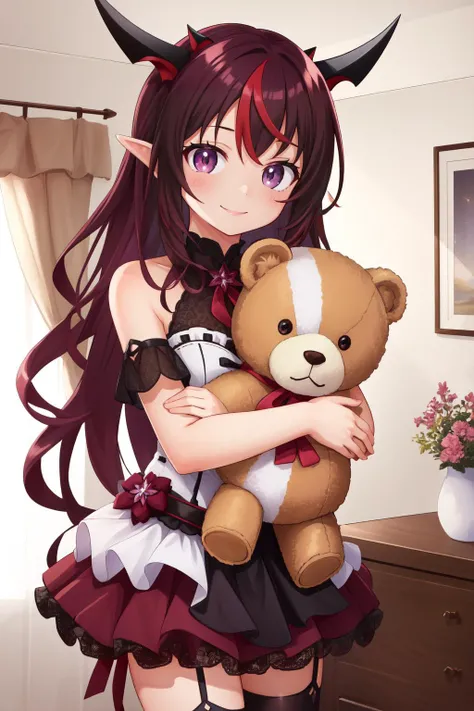 (masterpiece, best quality), intricate details,
1girl, <lora:irys1-000008 (numeratic):0.8> irysdef, irysrnd,
indoors, holding teddy bear, hugging stuffed animal, smiling, happy,