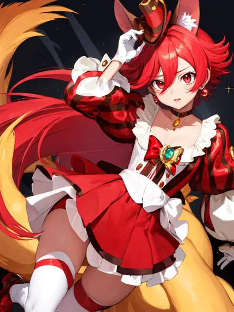 masterpiece, best quality, full_body, looking_at_viewer,
1girl, <lora:locon_cure_chocolat_v1:0.9>, cure chocolat, dog girl, striped puffy sleeves, long_sleeves, mini_hat, red shorts, miniskirt, shorts under dress, red boots, white thighhighs,
standing, walking,