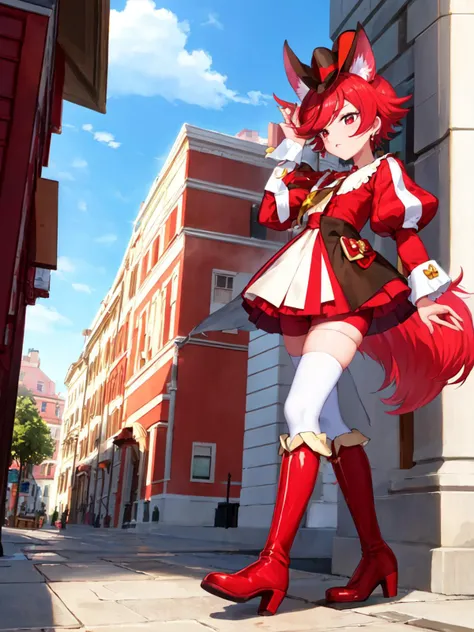masterpiece, best quality, full_body, looking_at_viewer,
1girl, <lora:locon_cure_chocolat_v1:0.9>, cure chocolat, dog girl, striped puffy sleeves, long_sleeves, mini_hat, red shorts, miniskirt, shorts under dress, red boots, white thighhighs,
standing, walking,