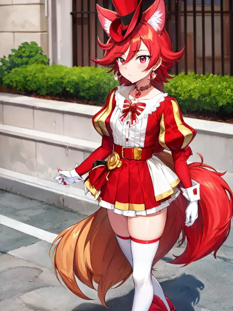 masterpiece, best quality, full_body, looking_at_viewer, cowboy shot,
1girl, <lora:locon_cure_chocolat_v1:0.9>, cure chocolat, dog girl, striped puffy sleeves, long_sleeves, mini_hat, red shorts, miniskirt, shorts under dress, white thighhighs, red boots,
standing, walking, street,