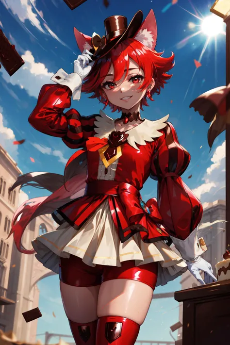 masterpiece,best quality,1girl,cure chocolat,dog girl,striped puffy sleeves,long_sleeves,mini_hat,red shorts,miniskirt,shorts under dress,red boots,white thighhighs,tomboy,handsome,smile,(half-closed eyes:0.7),blue sky,sunlight,cake,chocolate,cowboy shot,<lora:locon_cure_chocolat_2:0.9>,