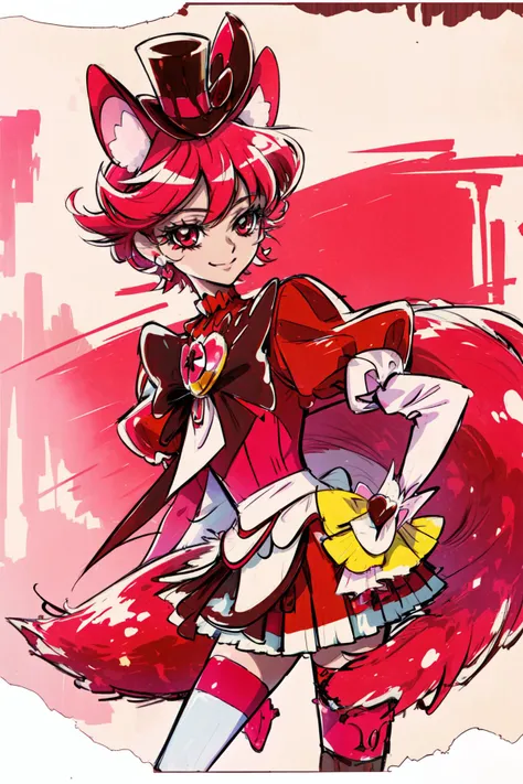 masterpiece,best quality,1girl,cure chocolat,dog girl,striped puffy sleeves,long_sleeves,mini_hat,red shorts,miniskirt,shorts under dress,red boots,white thighhighs,tomboy,handsome,smile,(half-closed eyes:0.7),upper body,<lora:locon_cure_chocolat_2:0.9>,<lora:KamikitaV2:0.8>,
