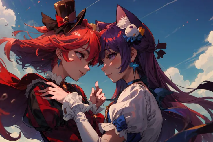 masterpiece,best quality,2girls,face-to-face,looking at each other,(blue sky),
AND 2girls,face-to-face,looking at each other,(blue sky),(1girl,cure chocolat,short hair,red hair,dog girl,red sleeves, striped puffy sleeves, long_sleeves, mini_hat,(half-closed eyes:0.7),tomboy,handsome,smile,<lora:locon_cure_chocolat_2:0.9>),
AND 2girls,face-to-face,looking at each other,(blue sky),(1girl,cure macaron,((very long hair)),purple hair,cat ears,macaron hair ornament, puffy short sleeves, elbow gloves, purple choker,(half-closed eyes:0.7),smile,blush,<lora:locon_cure_macaron_1:0.9>),