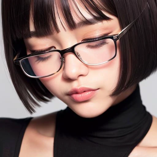 best quality, (photorealistic:1.2), 1girl, solo, shiny skin, detailed face, face focus, black hair, (glasses), bob cut, (looking at viewer:1.5), black eyes, (one eye closed), white shirt, torn jeans, <lora:enako:1>