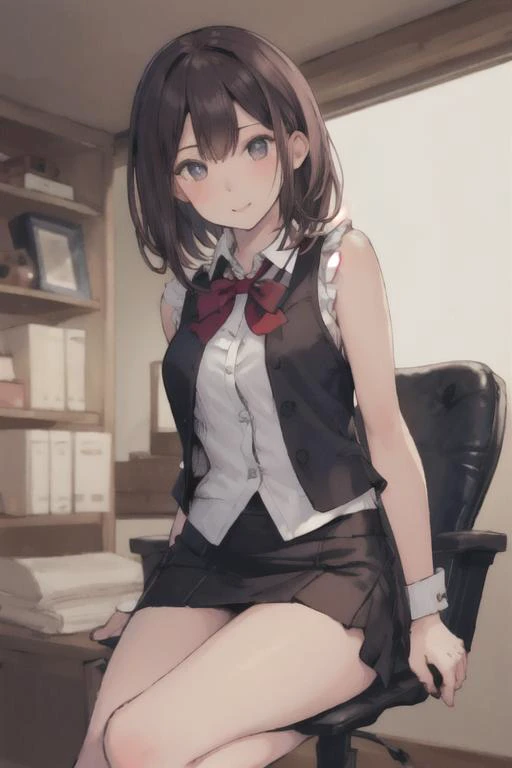 1 girl, cute, sexy, best quality, ultra high res, detailed face, sitting on chair, office, detailed background, detailed lighting, depth of field, clk, vest, pencil skirt, bow ,<lora:enako-v2:1>