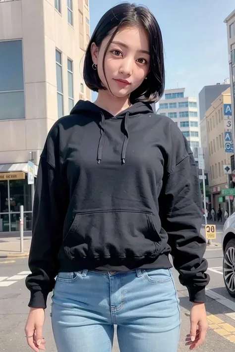 twicejihyo, woman, urban, streets, (day:1.1), RAW,(8k, best quality, masterpiece:1.2),(intricate details:1.4),(photorealistic:1.4),octane render, complex 3d render ultra detailed, studio soft light, rim light, vibrant details, ultra detailed, realistic skin texture, detailed face, beautiful detailed eyes, extremely detailed CG unity 8k wallpaper, makeup, (detailed background:1.2), (cowboy shot:1.2),(hip),(perfect anatomy:1.2),(black hoodie, long jeans:1.2), <lora:twicejihyo-v1:1>