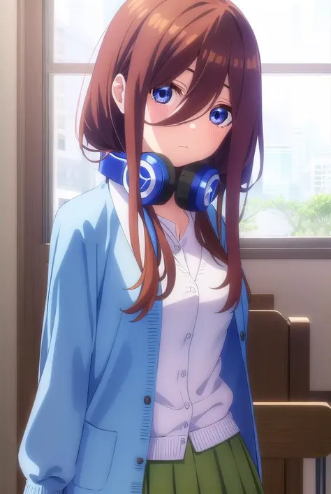 mikunakano, <lyco:mikunakanospecial-lyco-nochekaiser:1>,
miku nakano, long hair, bangs, blue eyes, brown hair, shirt, hair between eyes, headphones, cardigan, headphones around neck,
BREAK skirt, shirt, long sleeves, white shirt, pantyhose, pleated skirt, black pantyhose, cardigan, green skirt, blue cardigan,
BREAK indoors, classroom,
BREAK looking at viewer, (cowboy shot:1.5),
BREAK <lyco:GoodHands-beta2:1>, (masterpiece:1.2), best quality, high resolution, unity 8k wallpaper, (illustration:0.8), (beautiful detailed eyes:1.6), extremely detailed face, perfect lighting, extremely detailed CG, (perfect hands, perfect anatomy),